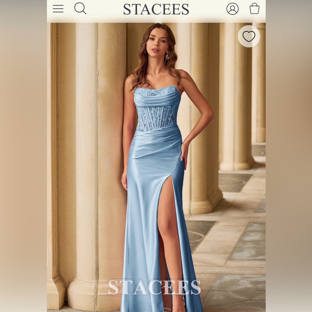 STACEES - Strapless Beaded Corset Ruched Prom Dress with High Slit - Size 8